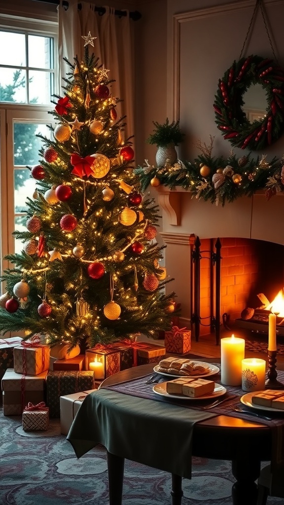 A warm and inviting Christmas Eve setting with a decorated tree, gifts, and a glowing fireplace.